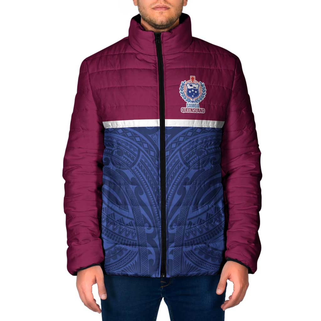 Queensland Samoa Custom Padded Jacket Maroon-Blue Pacific Polynesian Tribal Pattern - Aussie Hoodie
