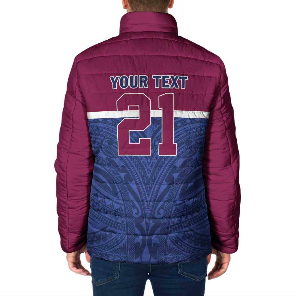 Queensland Samoa Custom Padded Jacket Maroon-Blue Pacific Polynesian Tribal Pattern - Aussie Hoodie