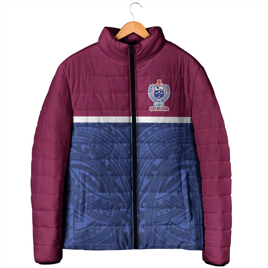 Queensland Samoa Custom Padded Jacket Maroon-Blue Pacific Polynesian Tribal Pattern - Aussie Hoodie