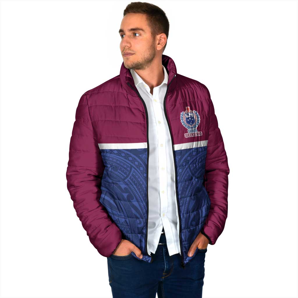 Queensland Samoa Custom Padded Jacket Maroon-Blue Pacific Polynesian Tribal Pattern - Aussie Hoodie