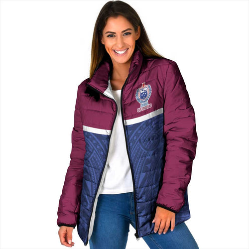 Queensland Samoa Custom Padded Jacket Maroon-Blue Pacific Polynesian Tribal Pattern - Aussie Hoodie