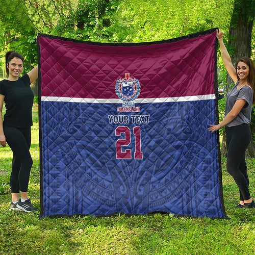 Queensland Samoa Custom Quilt Maroon-Blue Pacific Polynesian Tribal Pattern