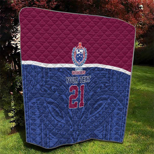 Queensland Samoa Custom Quilt Maroon-Blue Pacific Polynesian Tribal Pattern