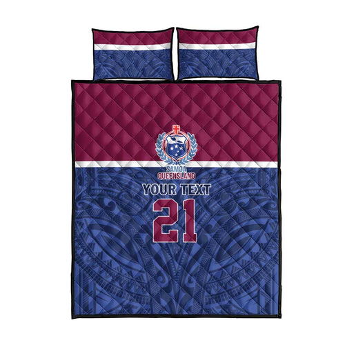 Queensland Samoa Custom Quilt Bed Set Maroon-Blue Pacific Polynesian Tribal Pattern