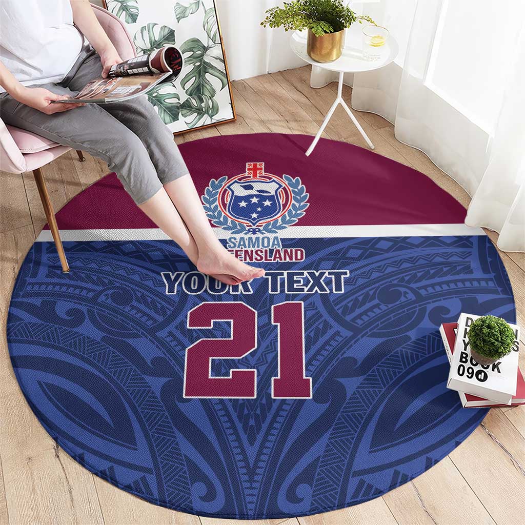 Queensland Samoa Custom Round Carpet Maroon-Blue Pacific Polynesian Tribal Pattern