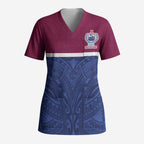 Queensland Samoa Custom Scrub Top Maroon-Blue Pacific Polynesian Tribal Pattern - Aussie Hoodie
