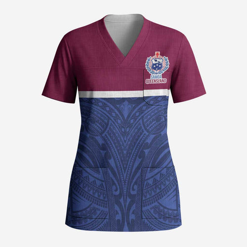 Queensland Samoa Custom Scrub Top Maroon-Blue Pacific Polynesian Tribal Pattern - Aussie Hoodie