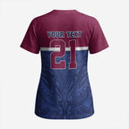 Queensland Samoa Custom Scrub Top Maroon-Blue Pacific Polynesian Tribal Pattern - Aussie Hoodie