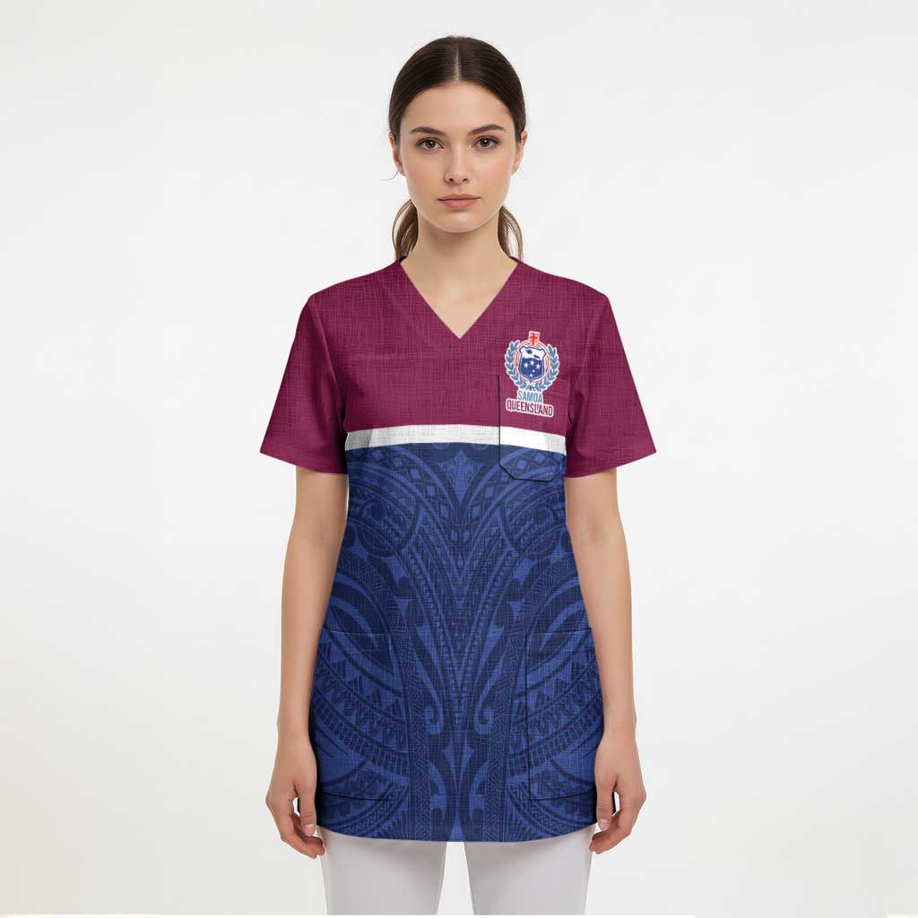Queensland Samoa Custom Scrub Top Maroon-Blue Pacific Polynesian Tribal Pattern - Aussie Hoodie
