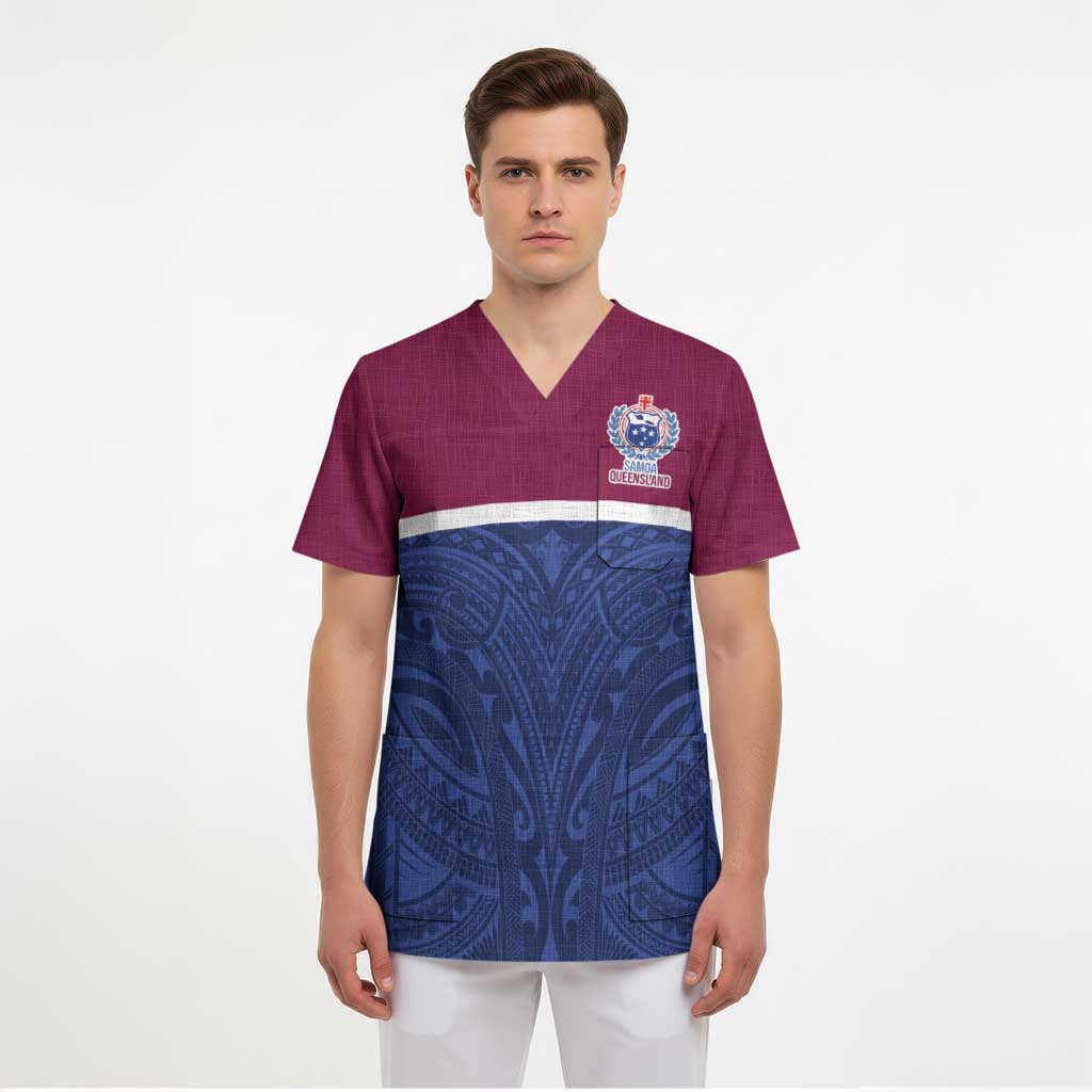 Queensland Samoa Custom Scrub Top Maroon-Blue Pacific Polynesian Tribal Pattern - Aussie Hoodie