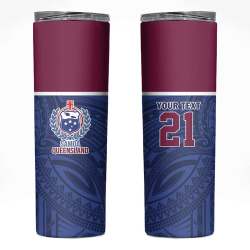 Queensland Samoa Custom Skinny Tumbler Maroon-Blue Pacific Polynesian Tribal Pattern