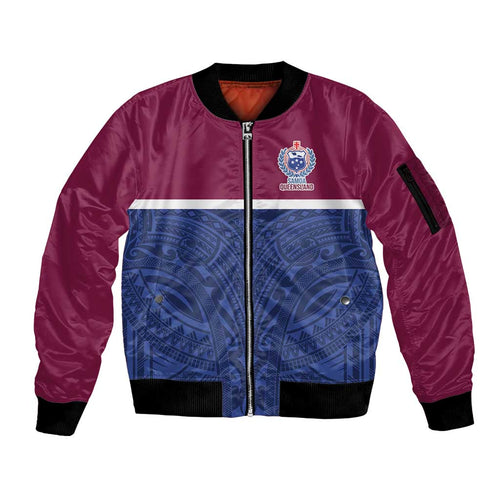 Queensland Samoa Custom Sleeve Zip Bomber Jacket Maroon-Blue Pacific Polynesian Tribal Pattern