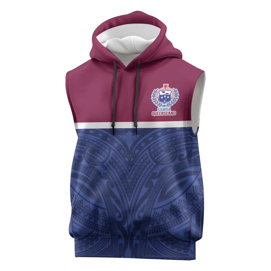 Queensland Samoa Custom Sleeveless Hoodie Maroon-Blue Pacific Polynesian Tribal Pattern - Aussie Hoodie