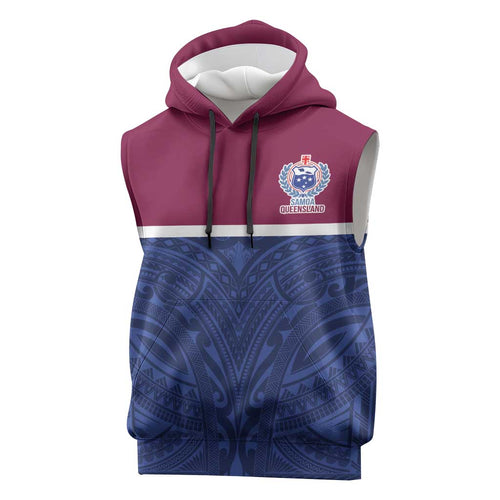 Queensland Samoa Custom Sleeveless Hoodie Maroon-Blue Pacific Polynesian Tribal Pattern - Aussie Hoodie