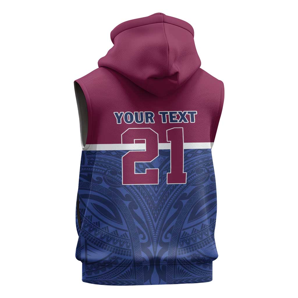 Queensland Samoa Custom Sleeveless Hoodie Maroon-Blue Pacific Polynesian Tribal Pattern - Aussie Hoodie