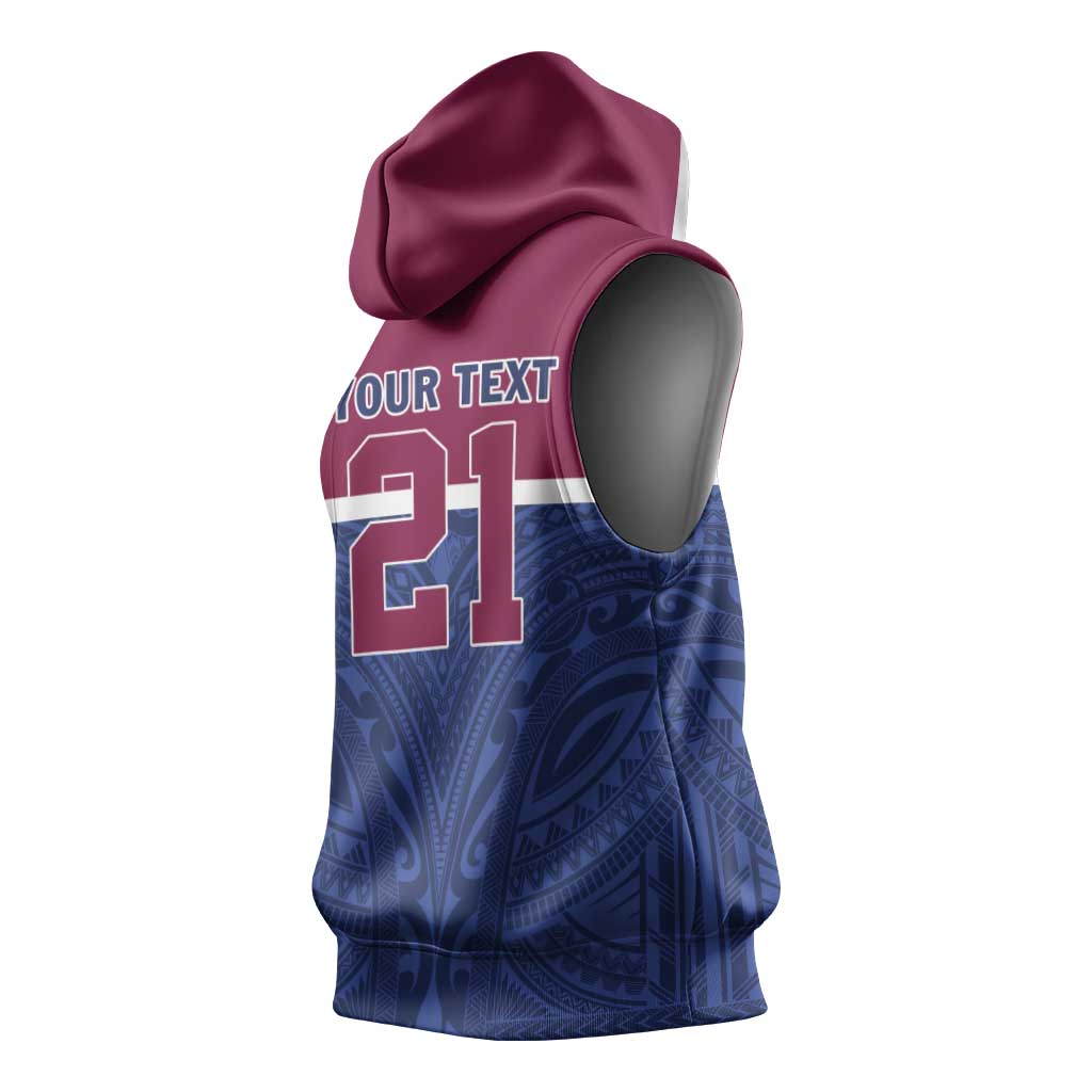 Queensland Samoa Custom Sleeveless Hoodie Maroon-Blue Pacific Polynesian Tribal Pattern - Aussie Hoodie