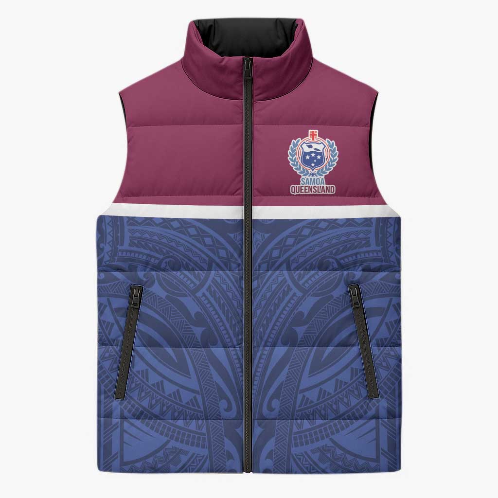 Queensland Samoa Custom Sleeveless Puffer Jacket Maroon-Blue Pacific Polynesian Tribal Pattern - Aussie Hoodie