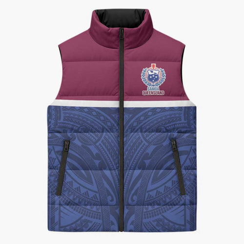 Queensland Samoa Custom Sleeveless Puffer Jacket Maroon-Blue Pacific Polynesian Tribal Pattern - Aussie Hoodie