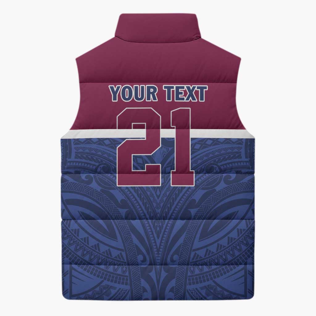 Queensland Samoa Custom Sleeveless Puffer Jacket Maroon-Blue Pacific Polynesian Tribal Pattern - Aussie Hoodie