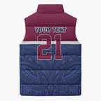 Queensland Samoa Custom Sleeveless Puffer Jacket Maroon-Blue Pacific Polynesian Tribal Pattern - Aussie Hoodie