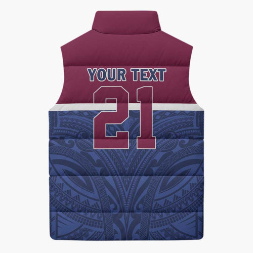 Queensland Samoa Custom Sleeveless Puffer Jacket Maroon-Blue Pacific Polynesian Tribal Pattern - Aussie Hoodie