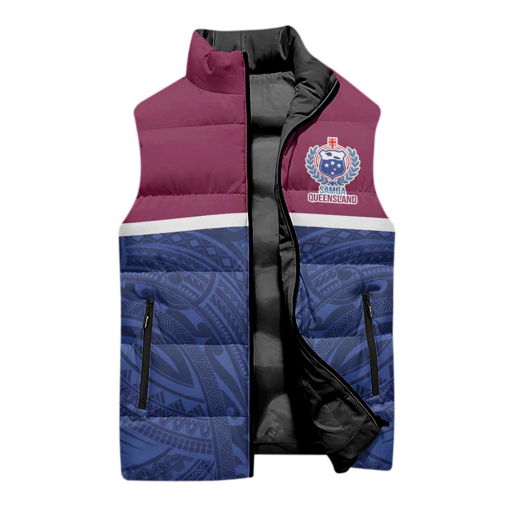 Queensland Samoa Custom Sleeveless Puffer Jacket Maroon-Blue Pacific Polynesian Tribal Pattern - Aussie Hoodie