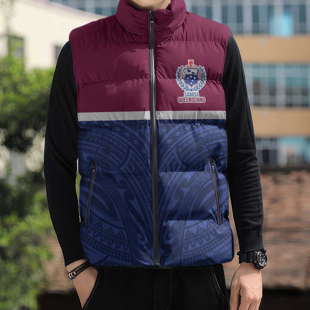 Queensland Samoa Custom Sleeveless Puffer Jacket Maroon-Blue Pacific Polynesian Tribal Pattern - Aussie Hoodie