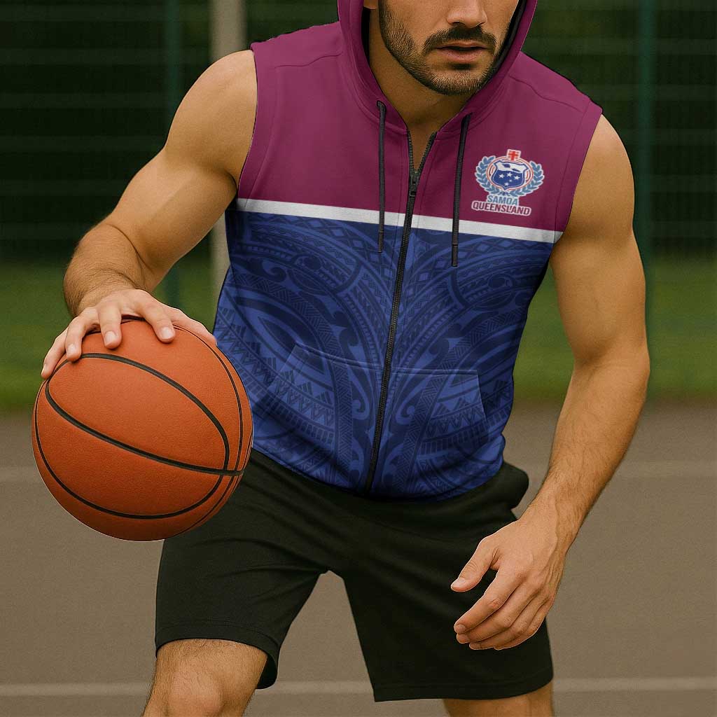 Queensland Samoa Custom Sleeveless Zip Hoodie Maroon-Blue Pacific Polynesian Tribal Pattern LT9