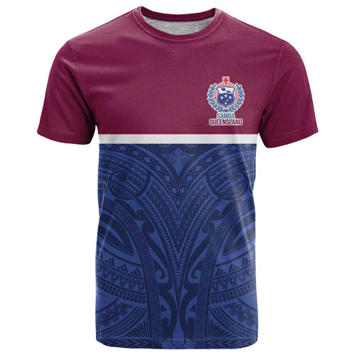 Queensland Samoa Custom T Shirt Maroon-Blue Pacific Polynesian Tribal Pattern
