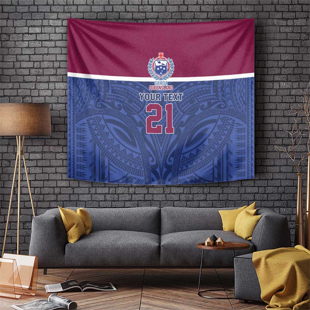 Queensland Samoa Custom Tapestry Maroon-Blue Pacific Polynesian Tribal Pattern