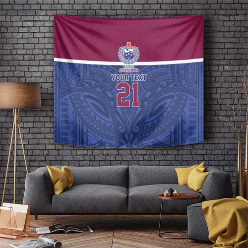 Queensland Samoa Custom Tapestry Maroon-Blue Pacific Polynesian Tribal Pattern