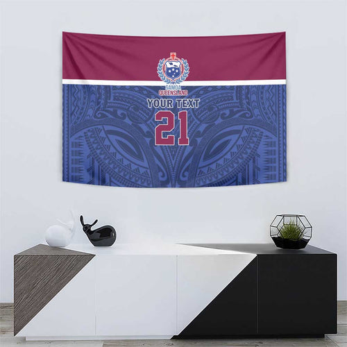 Queensland Samoa Custom Tapestry Maroon-Blue Pacific Polynesian Tribal Pattern