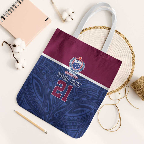 Queensland Samoa Custom Tote Bag Maroon-Blue Pacific Polynesian Tribal Pattern - Aussie Hoodie