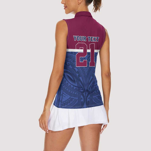 Queensland Samoa Custom Women Sleeveless Polo Shirt Maroon-Blue Pacific Polynesian Tribal Pattern