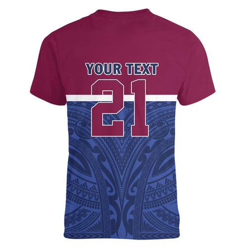 Queensland Samoa Custom Women V-Neck T-Shirt Maroon-Blue Pacific Polynesian Tribal Pattern