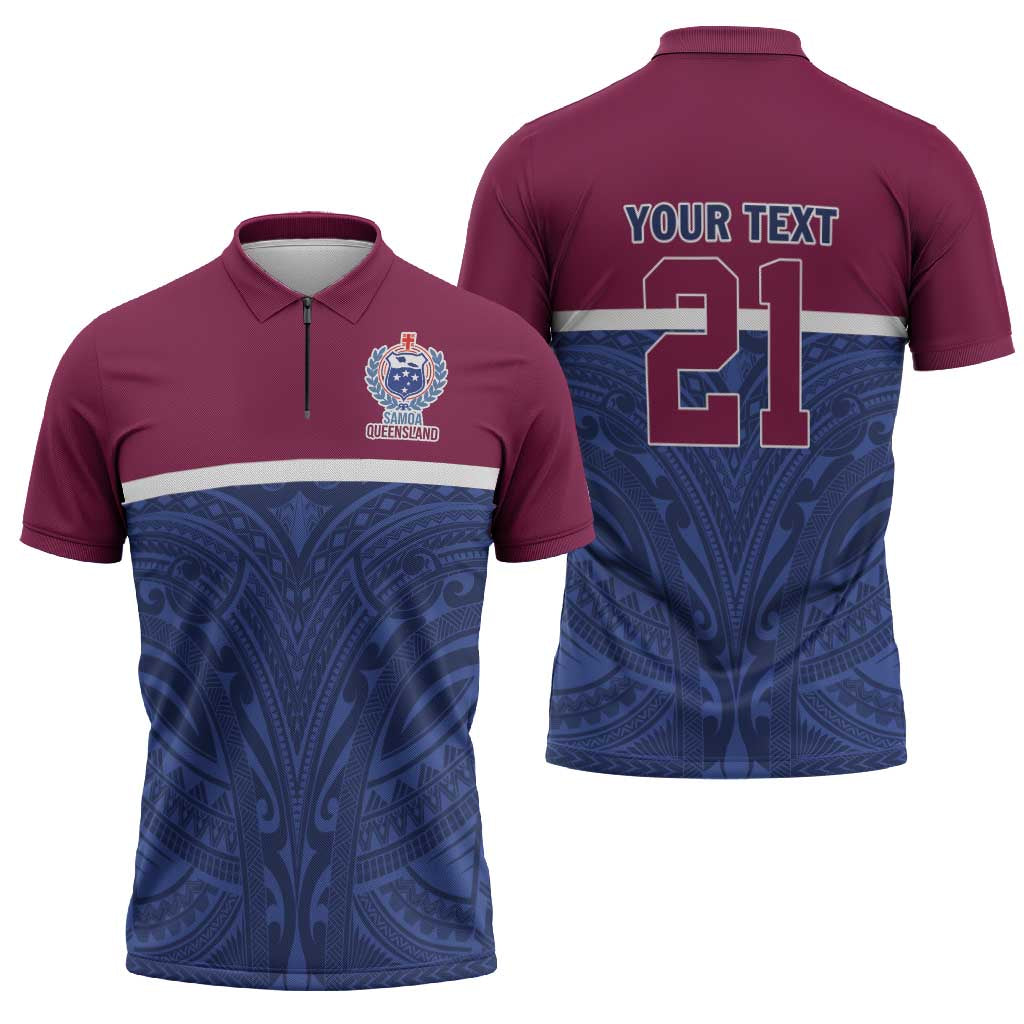 Queensland Samoa Custom Zipper Polo Shirt Maroon-Blue Pacific Polynesian Tribal Pattern - Aussie Hoodie