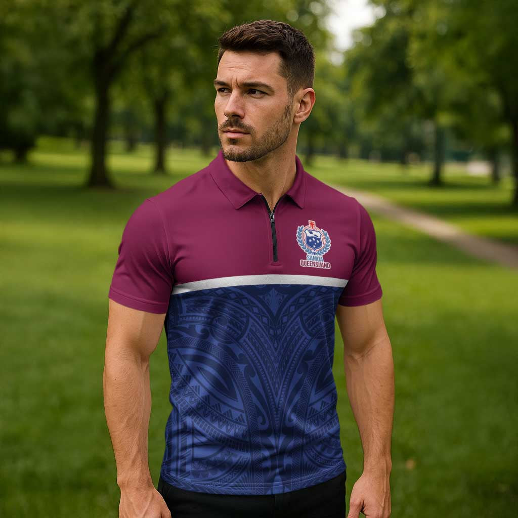 Queensland Samoa Custom Zipper Polo Shirt Maroon-Blue Pacific Polynesian Tribal Pattern - Aussie Hoodie