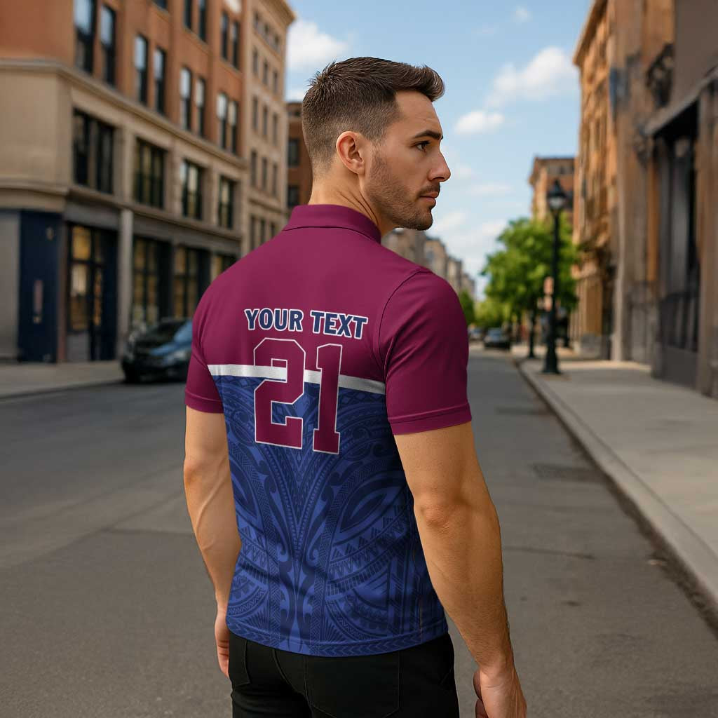 Queensland Samoa Custom Zipper Polo Shirt Maroon-Blue Pacific Polynesian Tribal Pattern - Aussie Hoodie