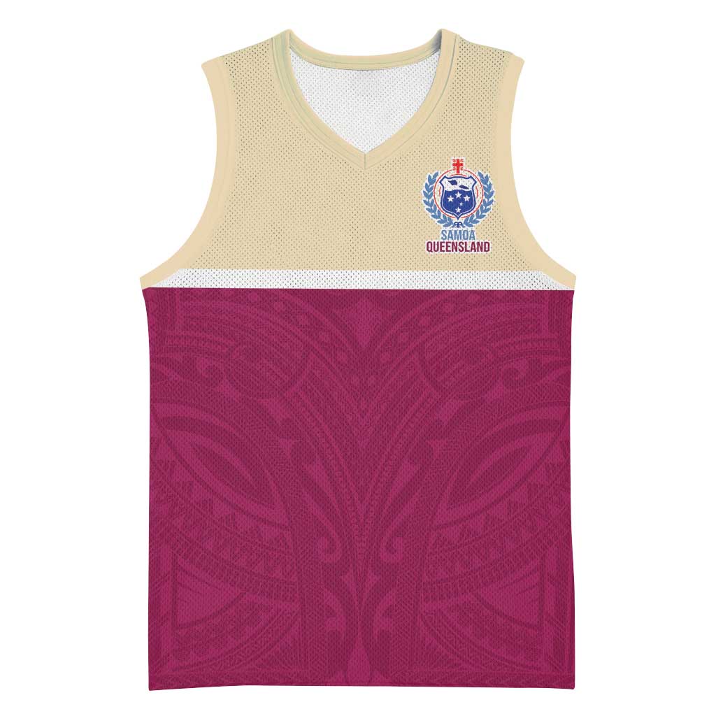 Queensland Samoa Custom Basketball Jersey Maroon Pacific Polynesian Tribal Pattern - Aussie Hoodie