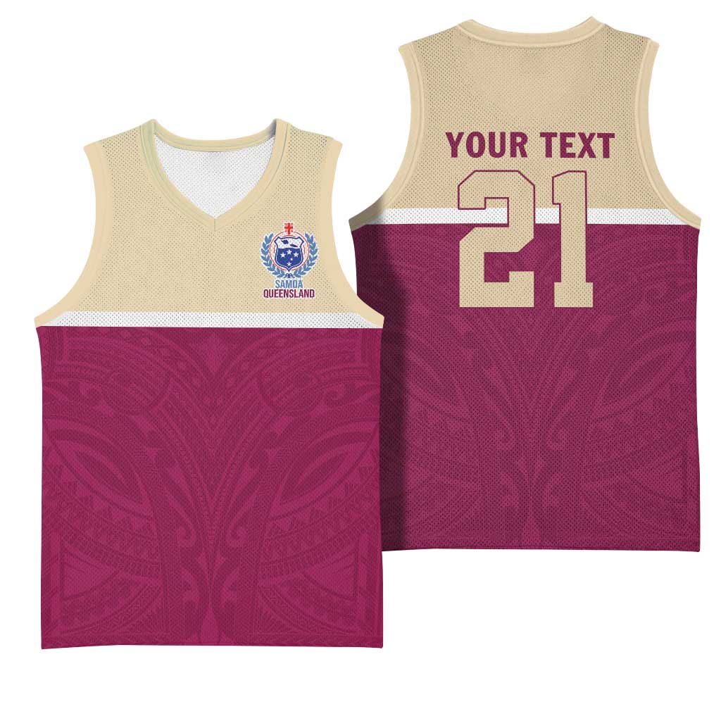 Queensland Samoa Custom Basketball Jersey Maroon Pacific Polynesian Tribal Pattern - Aussie Hoodie