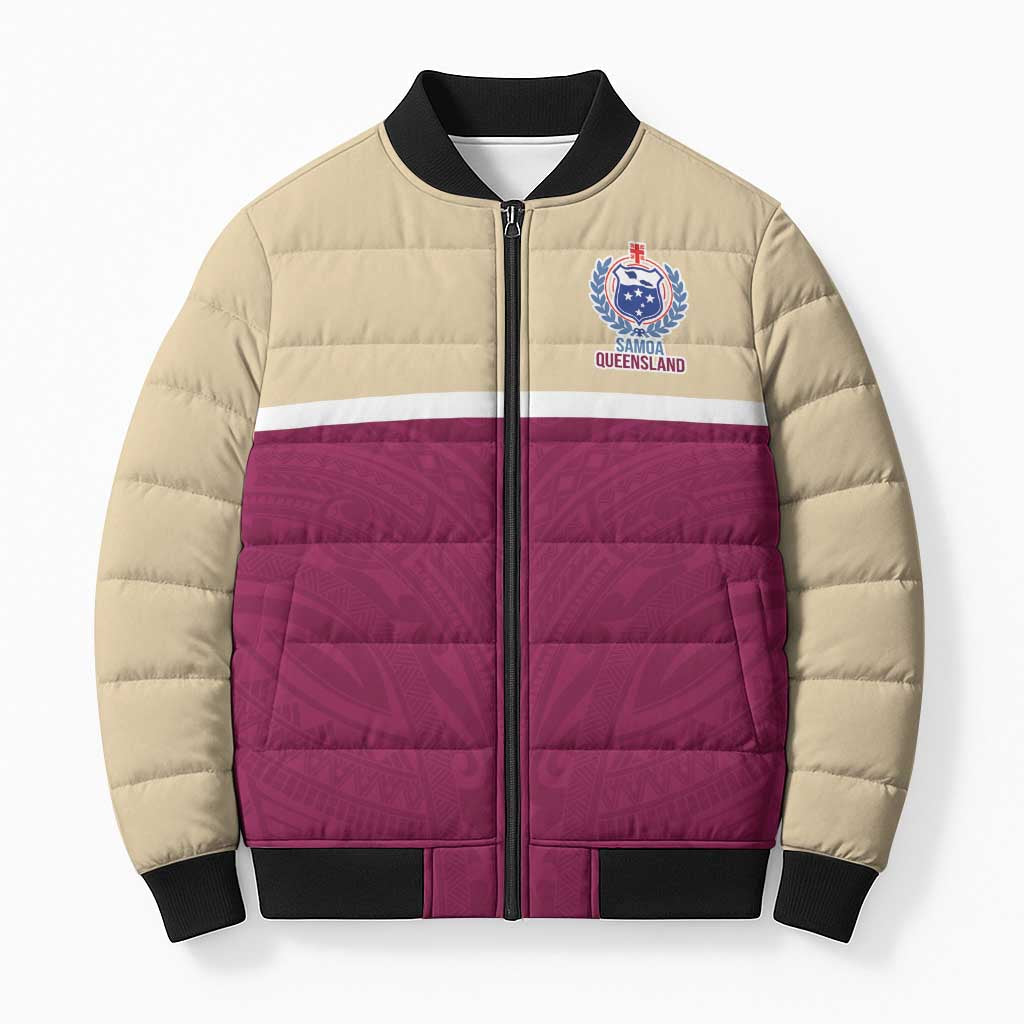 Queensland Samoa Custom Bomber Puffer Jacket Maroon Pacific Polynesian Tribal Pattern - Aussie Hoodie