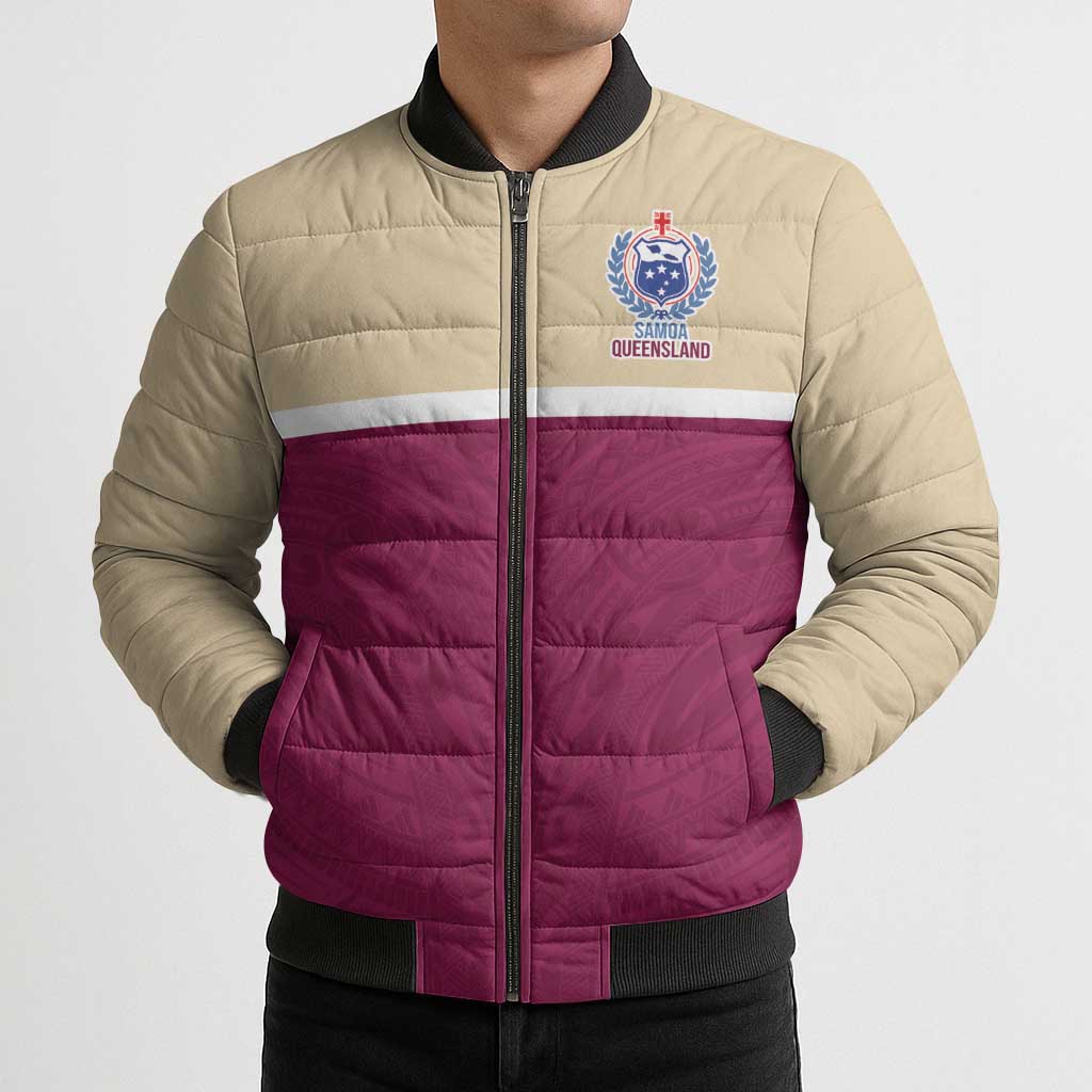 Queensland Samoa Custom Bomber Puffer Jacket Maroon Pacific Polynesian Tribal Pattern - Aussie Hoodie