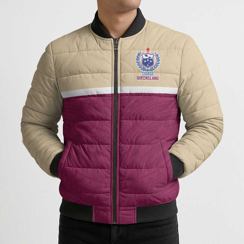 Queensland Samoa Custom Bomber Puffer Jacket Maroon Pacific Polynesian Tribal Pattern - Aussie Hoodie