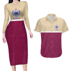 Queensland Samoa Custom Couples Matching Long Sleeve Bodycon Dress and Hawaiian Shirt Maroon Pacific Polynesian Tribal Pattern