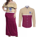 Queensland Samoa Custom Couples Matching Off Shoulder Maxi Dress and Long Sleeve Button Shirt Maroon Pacific Polynesian Tribal Pattern