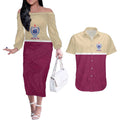 Queensland Samoa Custom Couples Matching Off The Shoulder Long Sleeve Dress and Hawaiian Shirt Maroon Pacific Polynesian Tribal Pattern