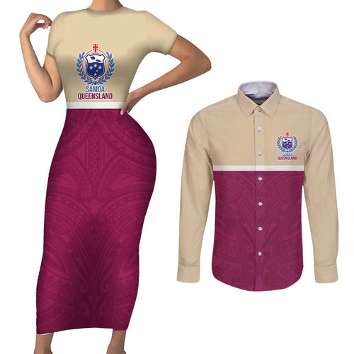 Queensland Samoa Custom Couples Matching Short Sleeve Bodycon Dress and Long Sleeve Button Shirt Maroon Pacific Polynesian Tribal Pattern