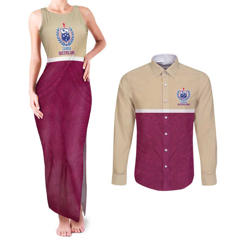 Queensland Samoa Custom Couples Matching Tank Maxi Dress and Long Sleeve Button Shirt Maroon Pacific Polynesian Tribal Pattern