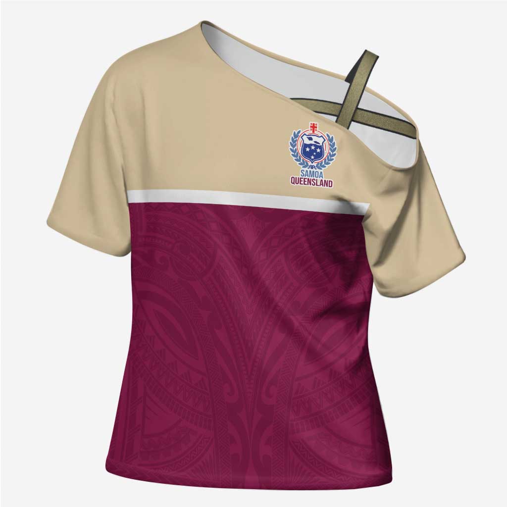 Queensland Samoa Custom Cross Shoulder Shirt Maroon Pacific Polynesian Tribal Pattern - Aussie Hoodie