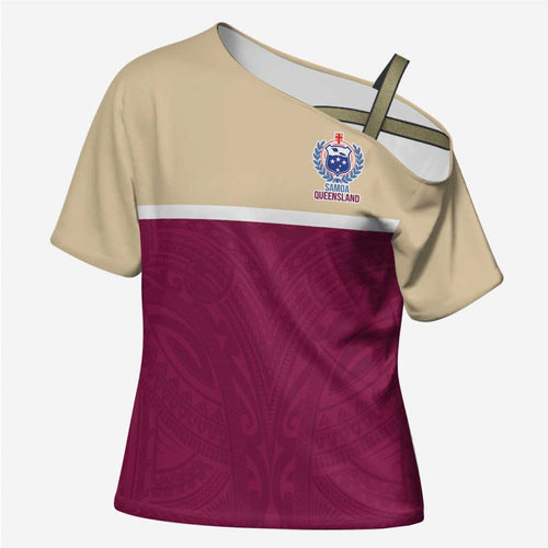 Queensland Samoa Custom Cross Shoulder Shirt Maroon Pacific Polynesian Tribal Pattern - Aussie Hoodie